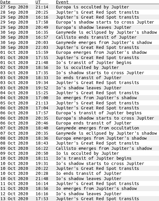 Jovian events visible from the British Isles during September and October 2020, part 1 of 2. Note that to convert to British Summer Time, add one hour to the UT times given above. Jovian events visible from the British Isles during Oct. 2020, pt. 1 of 2