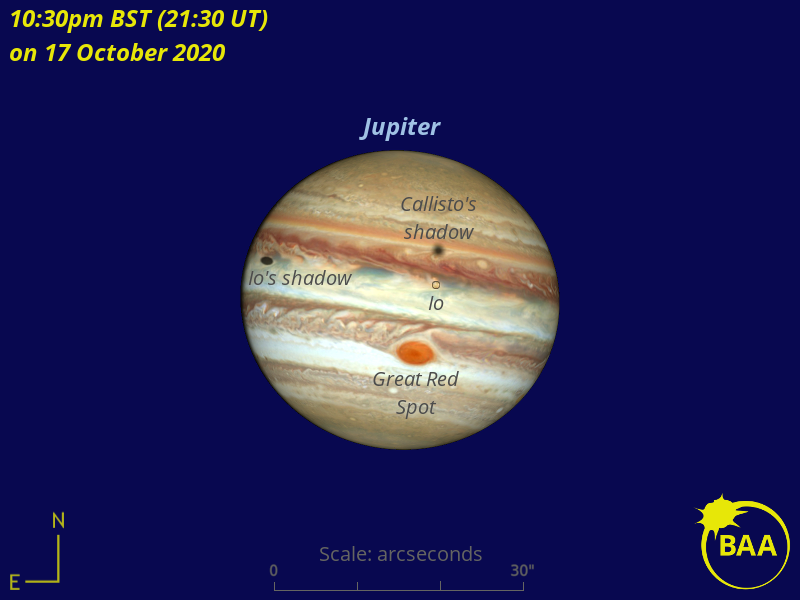 The night of October 17 provides a wealth of Jovian phenomena to observe from the British Isles, although the illustrated event of a simultaneous double shadow transit (of moons Io and Callisto), Io in transit and Jupiter's Great Red Spot can only be seen at low altitude from the southwest of Ireland. Jovian events throughout October appear below. BAA graphic by Ade Ashford. Multiple Jovian events visible from the British Isles on the night of October 17, 2020.