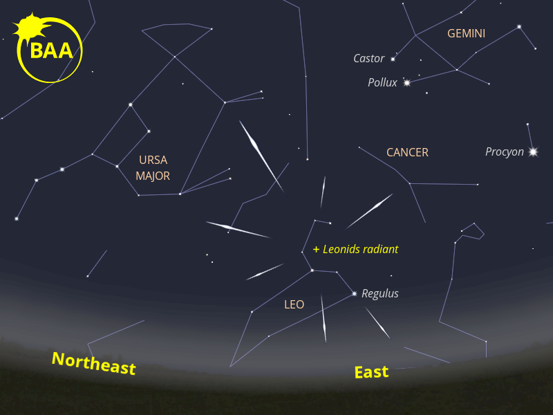 The annual Leonid meteor shower is active November 14-20, with this year's predicted peak occurring in the early hours of Wednesday, November 18. This simulated view shows the eastern sky at 01h UT on the date of the shower's maximum. BAA illustration by Ade Ashford. Leonid meteors 2020