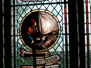 A stained-glass-window in St Michael's Church Much Hoole, Lancashire, commemorates Jeremiah Horrocks and his observation of the 1639 transit of Venus (image by Mike Frost)