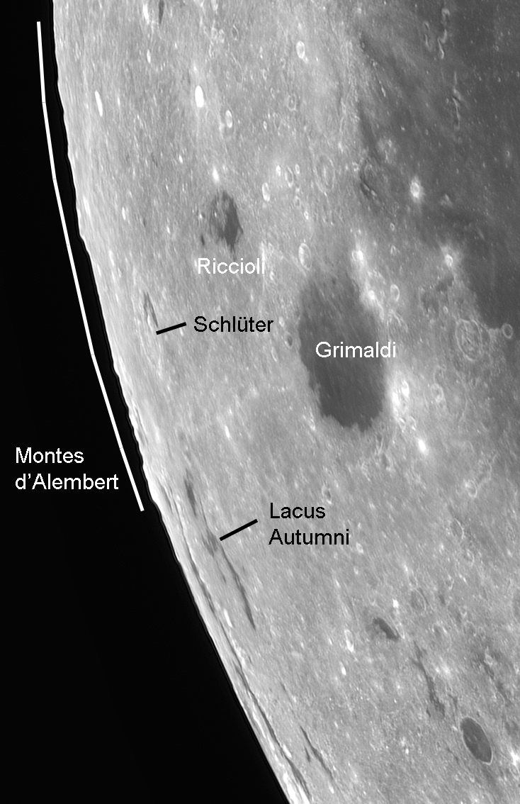 Figure 1. Location of the Montes d’Alembert along the lunar limb, west of Grimaldi and Riccioli. C8 ƒ/10 Schmidt–Cassegrain telescope and ASI 290MM camera. North is up.