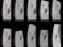 Figure 3. Different observations arranged according to the decreasing position angle of the location along the lunar limb that is maximally tilted towards Earth. Details of the equipment used are given in the text. The peaks of Montes d’Alembert are subdivided into a northern group (red brackets) and a southern group (white brackets). North is up.