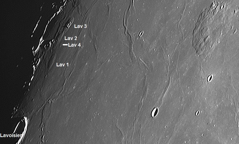 Figure 1. Domes Lavoisier 1–4. Image by K. C. Pau, taken on 2017 Nov 2 at 13:36 UT with a 250mm ƒ/6 Newtonian reflector, 20mm eyepiece (projection) and QHYCCD290M camera.