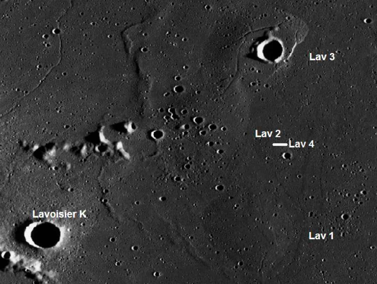 Figure 2. WAC image of the examined region. Note the dome Lavoisier 4, which is not prominent as in the telescopic image (Figure 1). The image is shown in cylindrical projection, removing the foreshortening.