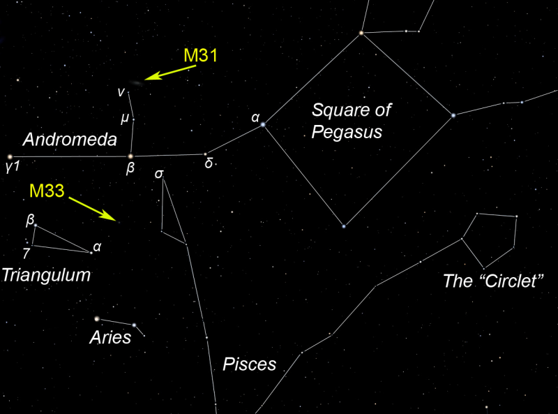 Andromeda and the Square of Pegasus showing the locations of the M31 and M33 galaxies