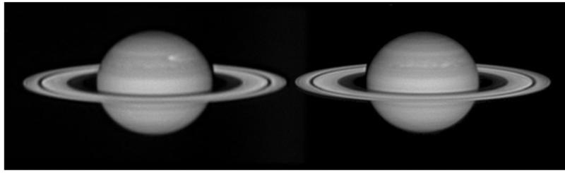 Figure 4.  Uncorrected and corrected white light image comparison. These views of Saturn obtained with and without a dispersion corrector clearly reveal the smearing imparted by dispersion upon the uncorrected view.