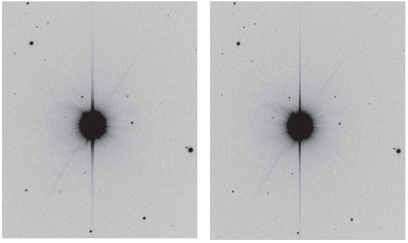 Figure 2 (left). The image does not look too far out of focus but the spikes are still obviously double. The star was mag 3.2 SAO 65890, at an altitude of 71°. Figure 3 (right). The spikes are now single and the object is in perfect focus.