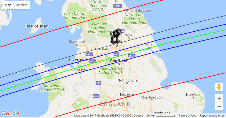 Predicted ground track of the occultation (courtesy of Occult Watcher)