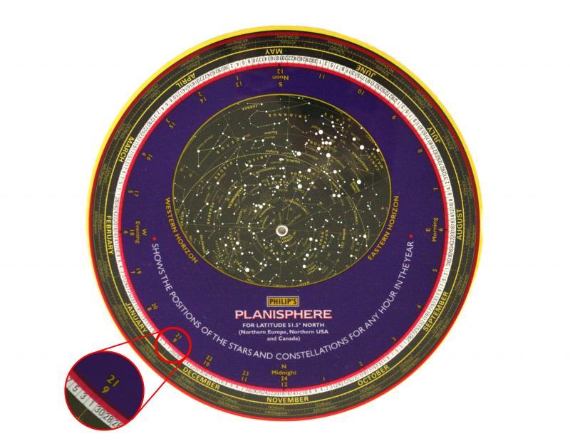 Figure 1. A planisphere set for 9pm on January 1st. As well as showing the night sky at this time it is also correct for other date/time combinations such as midnight November 18th.
