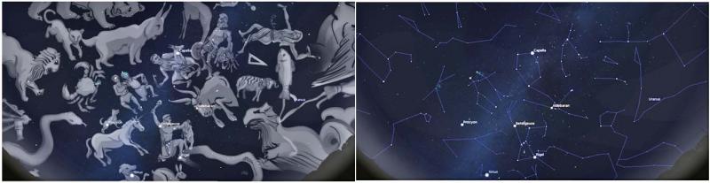 Figure 3A (left) The constellations represented as mythological figures. Figure 3B (right) The same constellations shown as stick figures. (Stellarium)