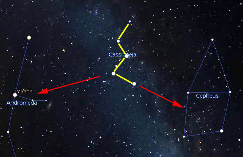 Figure 6. Using Cassiopeia to find Cepheus and Andromeda.  (Stellarium)