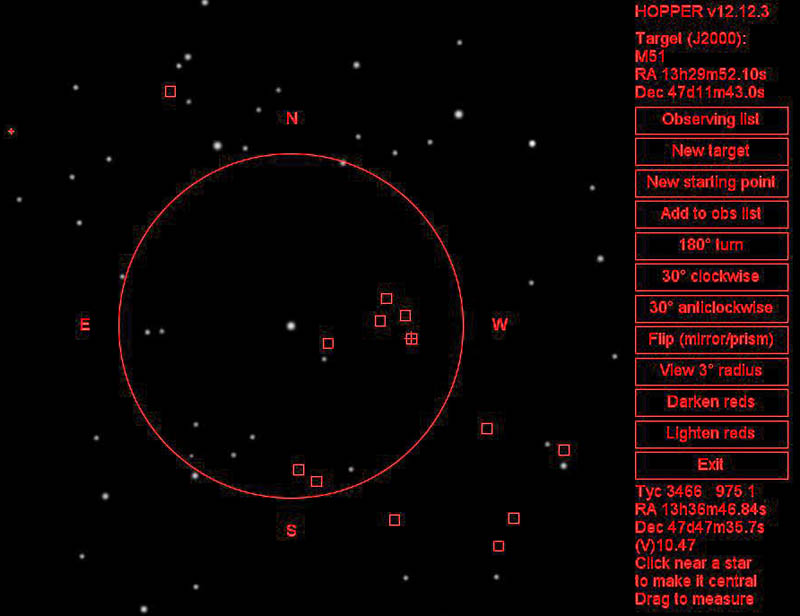 Figure 17. This shows a possible end to the star hop. The last star clicked on is in the centre and M51 is within the 1 degree field.