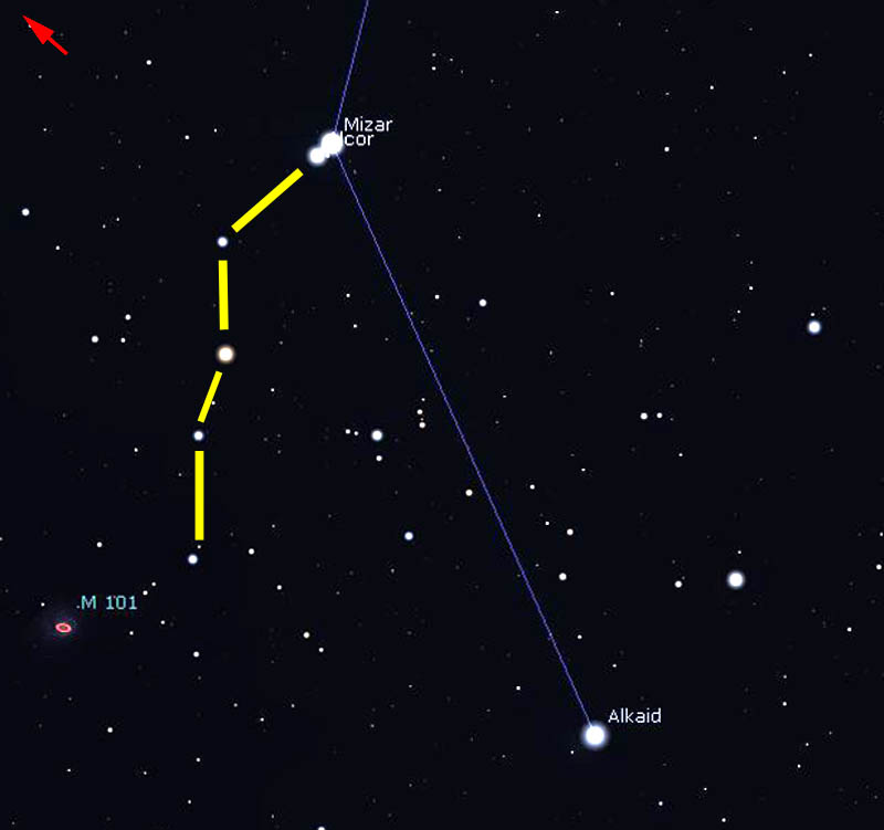 Figure 4. A nice chain of stars leads from Mizar towards M101. (Stellarium)