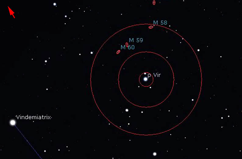 Figure 10. Centred on Rho Vir it is an easy hop to M59 and M60. (Stellarium)
