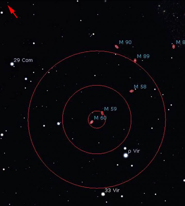Figure 11. Placing M59 and M60 in the centre of the field provides a jumping off point to M58, M89 and M90. (Stellarium)