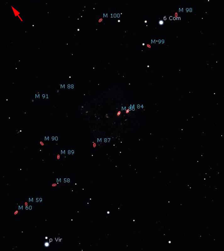 Figure 12. With this chart you should now be able to locate all 13 of the Messier galaxies clustered together in Virgo. (Stellarium)