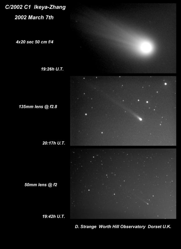 Figure 1 This series of images by David Strange of comet 2002 C1 shows what you might see with a telescope (top), binoculars (middle) and naked eye (bottom).