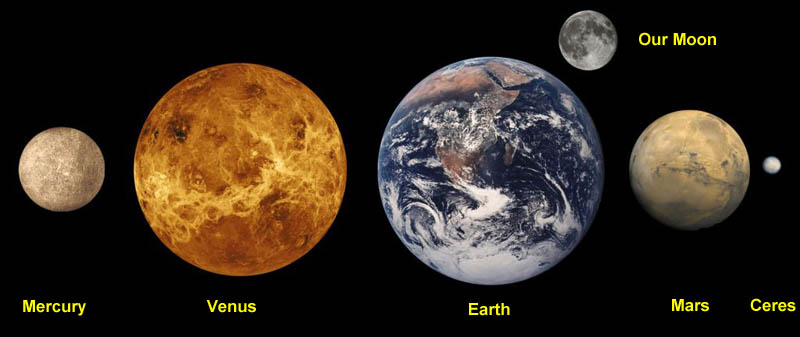 Figure 3. Relative sizes of the rocky worlds of the Solar System. Adapted from Wikimedia Commons.  Author: Koppelo, derived from NASA.