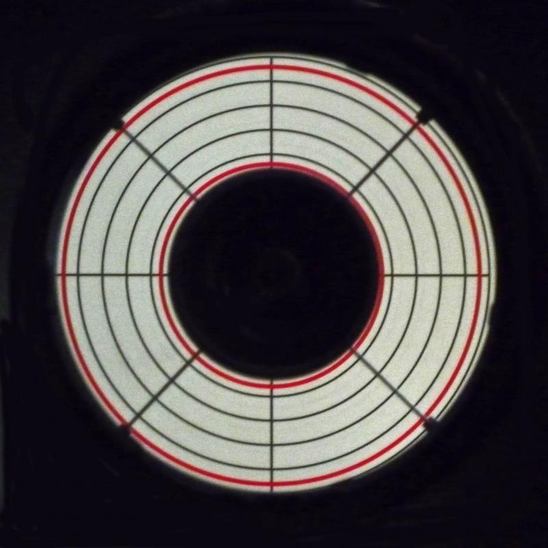Figure 9 The target as viewed from the centre of the focusing tube with the telescope carefully set up according to conventional manufacturer’s instructions. Misalignment of the target rings is obvious. 