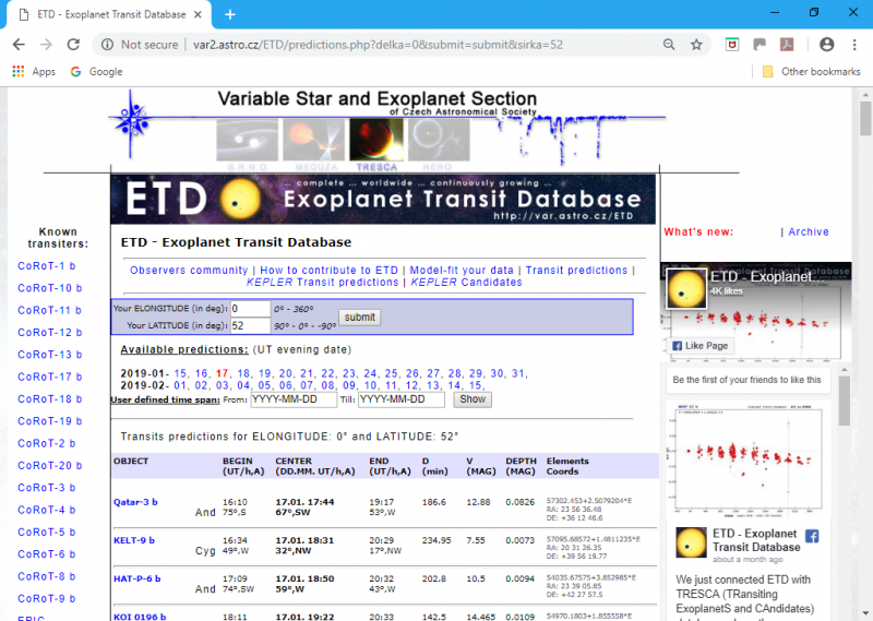 Figure 5. Screenshot showing predictions of transiting exoplanets for a given location.