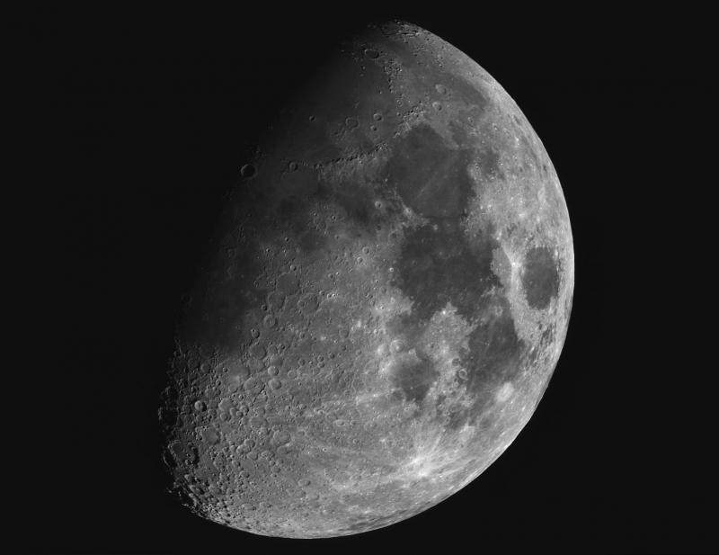 The Moon seen through a small telescope, note the profusion of craters towards the bottom (Image courtesy John Hughes).