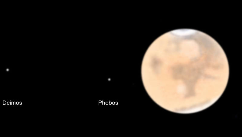 A drawing of Mars and its two moons (Image courtesy Paul Abel).