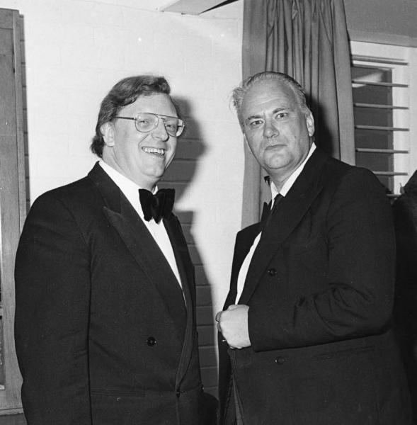 Ron Maddison and Patrick Moore, Keele, 1975.