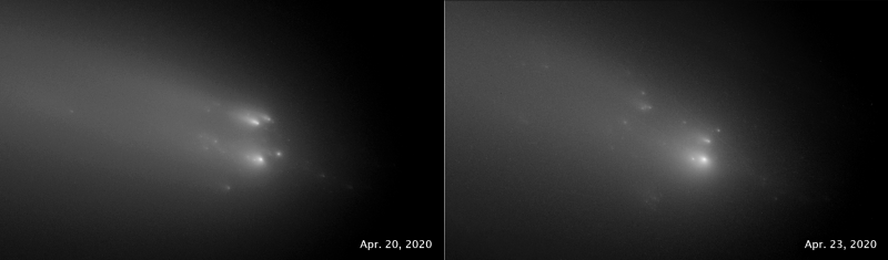 Figure 7. Images of the comet taken by the Hubble Space Telescope on Apr 20 & 23. On the Apr 20 image the bright SW component is B; the fainter NE component is A. By Apr 23, component A had become much less prominent. NASA, ESA, STScI & D. Jewitt (UCLA)
