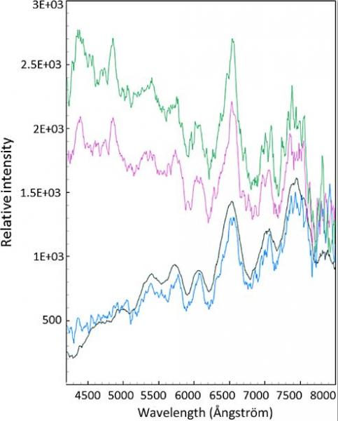 Figure 3. Spectra of the rising phase of a flare on HD 25953. The flare reached a peak in approximately 320s. The black spectrum is the average of the 20 spectra captured just before the flare. The three other spectra show the rapid rise. Each spectrum is a 100s exposure, with a 6s delay between them.