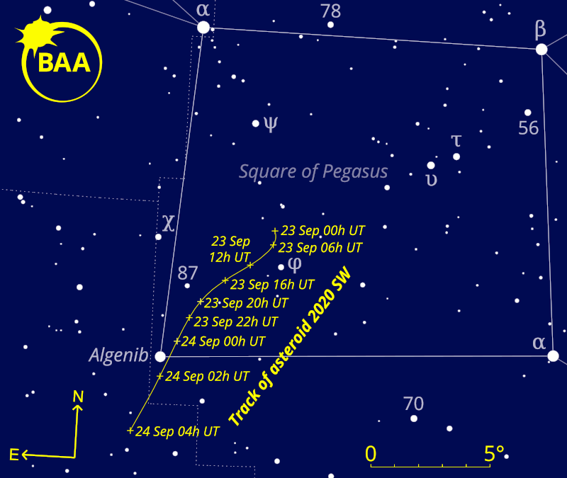 Apollo asteroid 2020 SW was discovered by Kacper Wierzchoś with the 1.5-metre Mount Lemmon Survey telescope on September 18. Believed to be just 10 metres across, the body passes closest to Earth at 11:11 UT on September 24, just 28,090 +/- 20 kilometres from the centre of the planet -- inside the region occupied by geo-stationary satellites. The asteroid could exceed magnitude +15 on the night of September 23/24 when it lies close to Gamma Pegasi (Algenib), the magnitude +2.8 star marking the southeastern corner of the Square of Pegasus. BAA illustration by Ade Ashford.