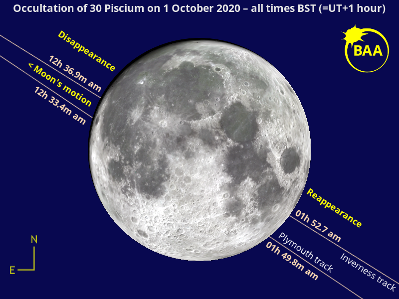 Magnitude +4.3 to +4.4 variable star 30 Piscium, otherwise known as YY Piscium is a naked-eye object occulted at the dark limb of the almost full Moon whilst highest in the southern sky of the UK as September 30 segues into October 1 (UT dates and times). BAA illustration by Ade Ashford.