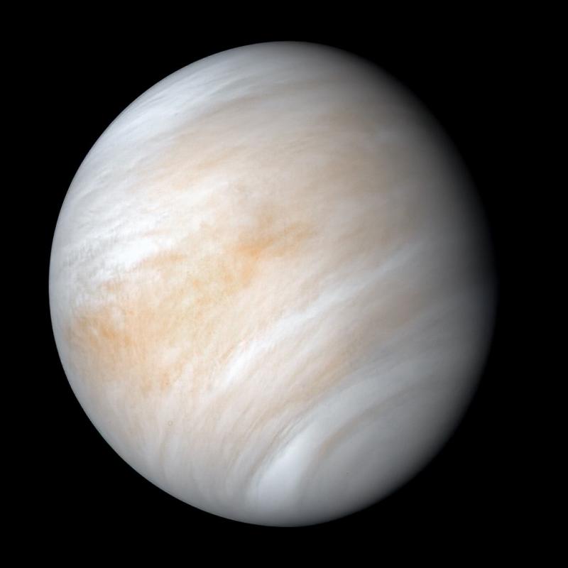 Figure 4. The atmosphere of Venus as seen in an enhanced image taken by the Mariner 10 probe. Image, NASA/JPL-Caltech.