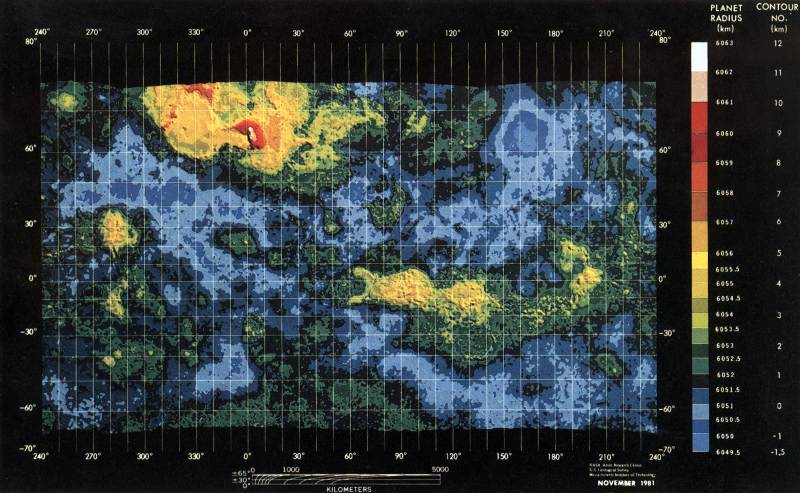 Figure 5. Map of Venus based on Pioneer Venus Orbiter observations. The different colours represent different heights of surface features. The yellow area along the equator is Aphrodite Terra. The large area upper left of centre is Ishtar Terra with Maxwell Montes, the highest area on the planet shown in red. Image, NASA Ames Research Centre, USGS and MIT.