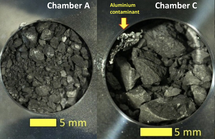 Figure 3. Near-surface samples (left), and material retrieved from excavated crater (right). (JAXA)