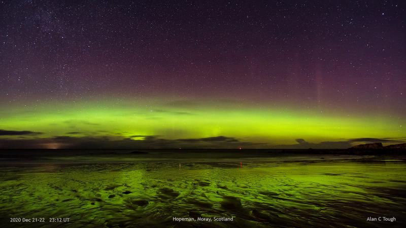 An auroral display imaged on 2020 Dec 21/22 at 23:12 UT from Hopeman, Moray, Scotland. (Alan Tough)