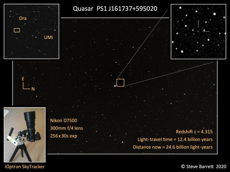 The bottom left inset shows the camera and 300mm telephoto lens on a star tracker (the white box). The rectangle in the top left inset shows the field of view of the lens in the constellation of Draco. The main image is a two-hour exposure (256×30s exposures) that shows the fifth-magnitude star AT Dra at the centre. Zooming in to the area near the centre, the top right inset shows the quasar identified by the two grey lines. At a distance of 25 billion light-years, the quasar is barely one pixel in the image.