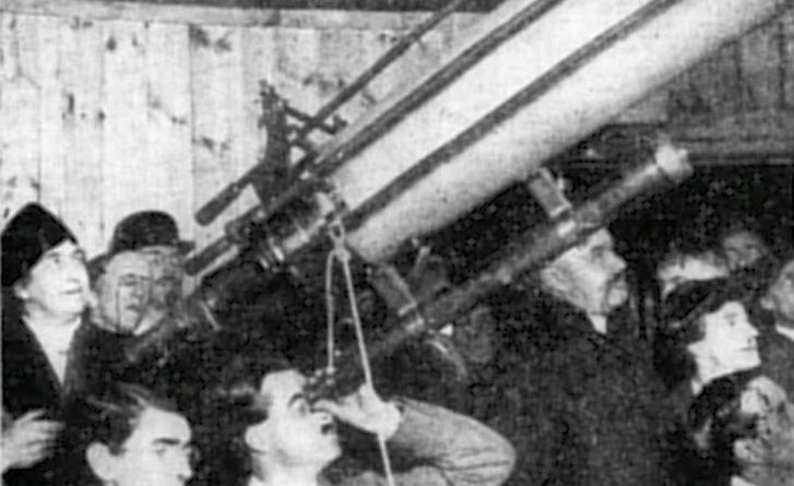 Figure 2. The Four Marks Observatory was opened on 1913 Nov 8. The young man looking through the guidescope certainly looks like W. H. Steavenson and the character beside him may be a young Reggie. Photo from Teesdale Mercury.