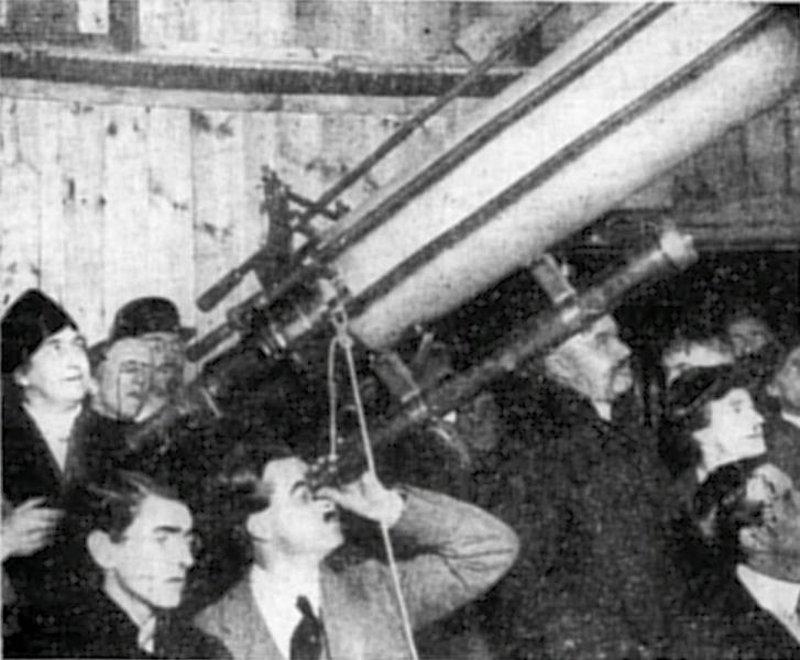 Figure 2. The Four Marks Observatory was opened on 1913 Nov 8. The young man looking through the guidescope certainly looks like W. H. Steavenson and the character beside him may be a young Reggie. Photo from Teesdale Mercury.