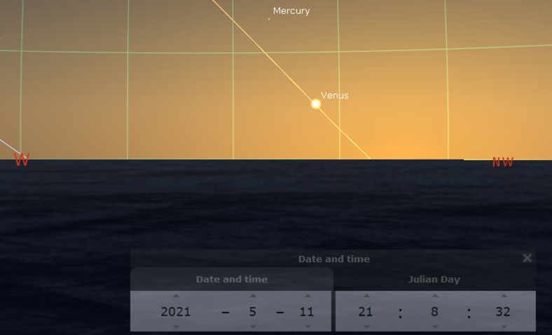 Figure 4. Screenshot from Stellarium showing Mercury in the evening sky on 11th May 2021, half an hour after sunset. Mercury is near eastern elongation, and on this occasion its altitude is 13 degrees, thanks to its position north of the ecliptic (the yellow line), which itself is at a relatively steep angle to the horizon.