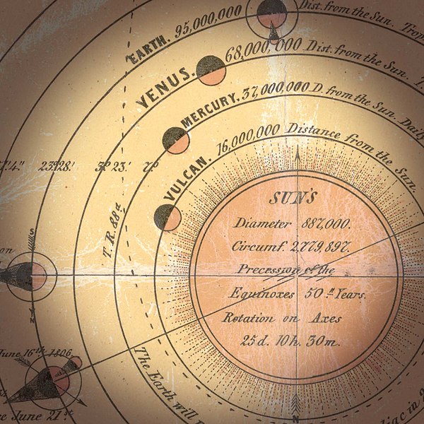 An 1846 diagram of the solar system, including a possible orbit for the hypothetical planet Vulcan.