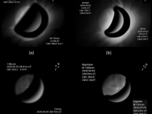 A sequence of IR images taken by Pete Lawrence using a 356mm SCT. The nightside was captured using an ASI 224MC at 1,000nm, while the illuminated crescent was captured using an ASI 174MM at 742nm. The two images were then combined to give a single image, showing the nightside and a crescent which is not over-exposed. Images (c) and (d) were processed with artefact reduction and masked to remove stray light patterns. Dates for each image are as follows, (a) 2020 Apr 25, (b) 2020 May 2, (c) 2020 May 4 and (d) 2020 May 5.