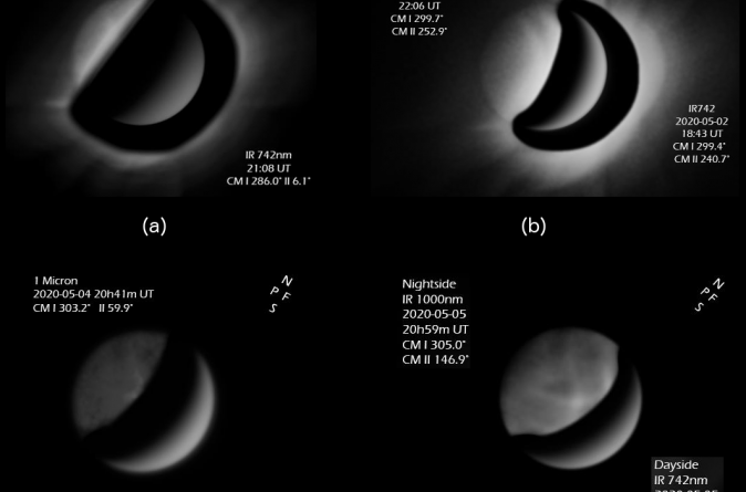 A sequence of IR images taken by Pete Lawrence using a 356mm SCT. The nightside was captured using an ASI 224MC at 1,000nm, while the illuminated crescent was captured using an ASI 174MM at 742nm. The two images were then combined to give a single image, showing the nightside and a crescent which is not over-exposed. Images (c) and (d) were processed with artefact reduction and masked to remove stray light patterns. Dates for each image are as follows, (a) 2020 Apr 25, (b) 2020 May 2, (c) 2020 May 4 and (d) 2020 May 5.