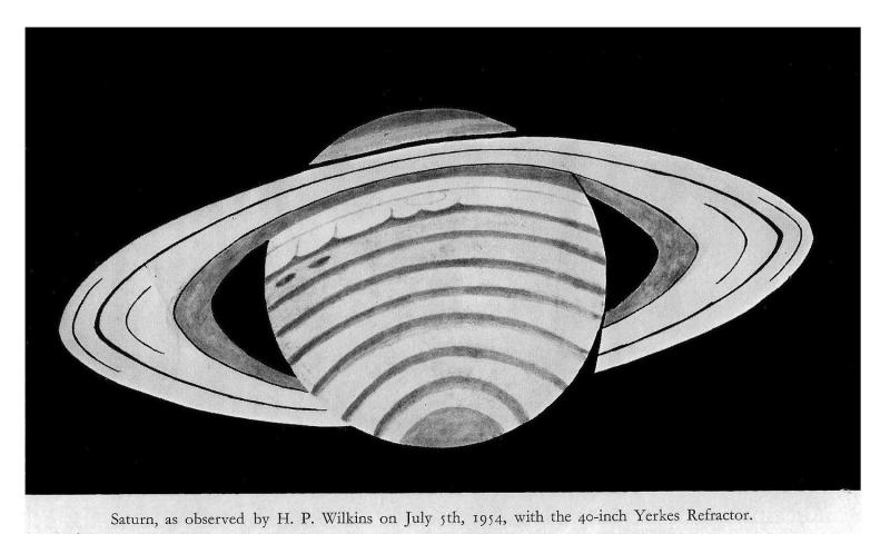Saturn observed by Wilkins with the Yerkes 40-inch refractor. Published in 'Mysteries of Space & Time'.