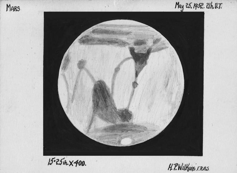 Figure 4. Mars, drawn by H. P. Wilkins in 1952. Notice the enlargement to the east of the very dark area at Utopia–Casius, a characteristic feature of the early 1950s. The curved Nepenthes ‘canal’ issuing from the east side of Syrtis Major was also broad and dark at the time. (Mars Section Archives)