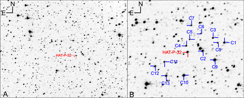 Figure 1. (A) Representative unfiltered full-frame MicroObservatory image of the  HAT-P-32 field acquired on 2020 Jan 18. (B) Enlargement, showing the comparison stars used for aperture photometry (identified as C1 through C13).