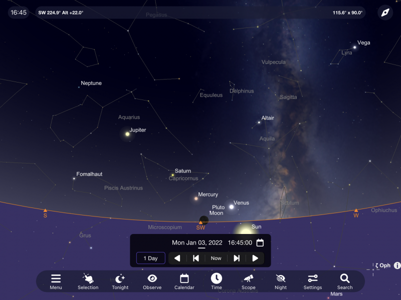 On the 3rd January the thin crescent of the Moon is close to Mercury, Venus and Pluto.