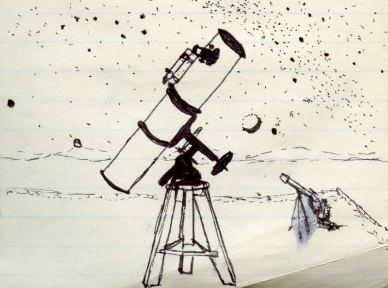 An imaginative picture that the new President drew in about 1980, when he was aged 16, of his 6¼-inch reflector (on a home-built tripod) under a starry Dorset sky.