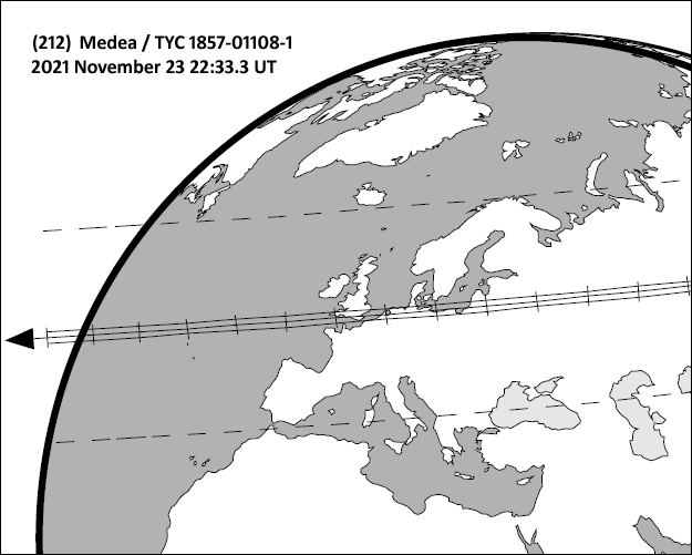 Figure 1. The predicted shadow path for (212) Medea. (E. Goffin)