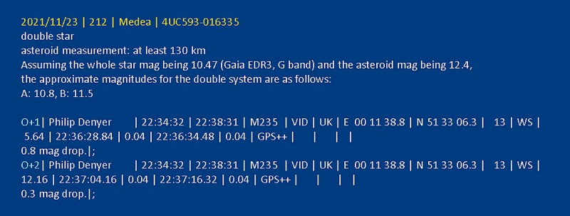 Figure 3. Euraster.net report for the double-star occultation observed by Phil Denyer. (E. Frappa)