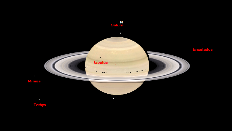 Figure 1. WinJupos predicted position of Iapetus in transit at 2022 July 18 at 02:00 UT. (North upwards).